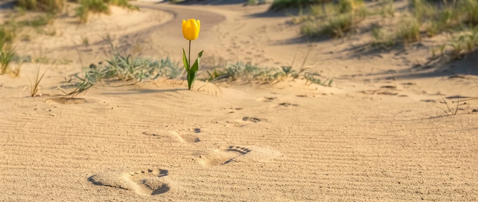 Un tulipano giallo nel deserto con la scritta Sui passi di Sarah
